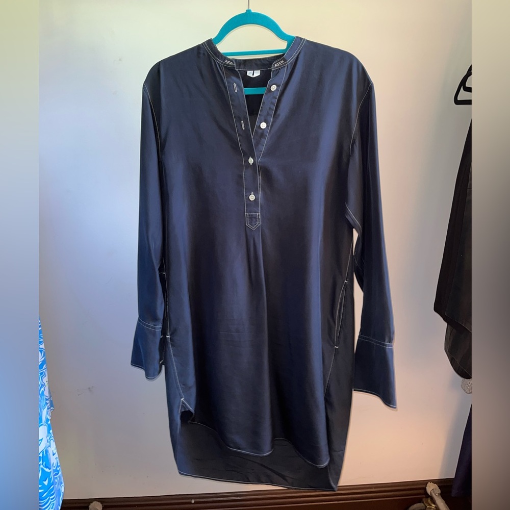 Navy blue dress with white contrast stitching